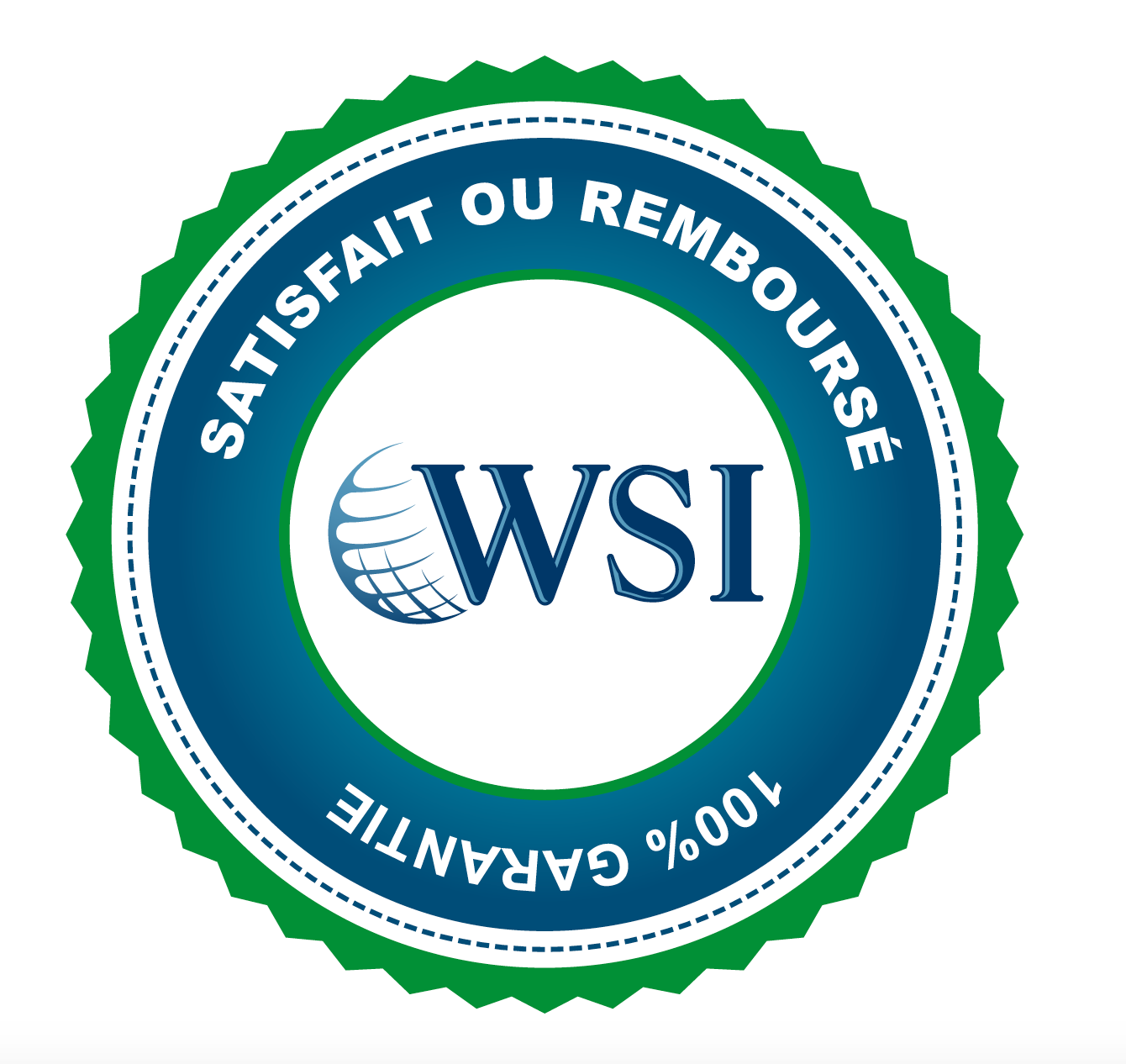 Label de garantie de satisfaction WSI bleu et vert avec texte en français et garantie à 100 %